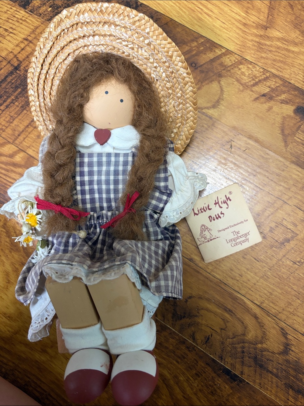 Longaberger Plaid Cloth Rag Doll in Blue and Cream with Straw Hat
